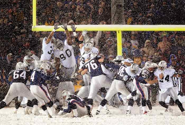 Adam Vinatieri’s winning kick, AFC Divisional Playoff, January 2002.